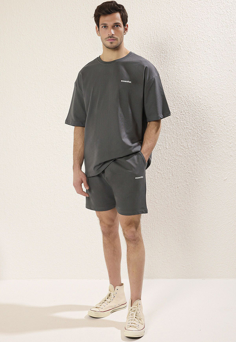 Trendyol Anthracite Tracksuit Oversize Text Printed 100% Cotton Tmnss24Em00003