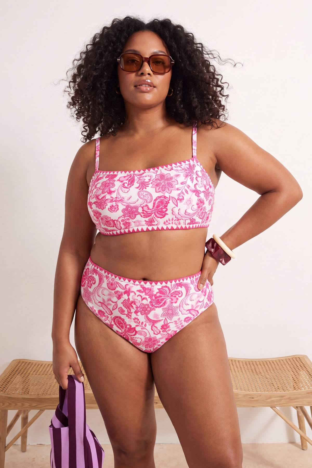 Trendyol Pink Shawl Pattern Strapless Embroidered Plus Size Bikini Set