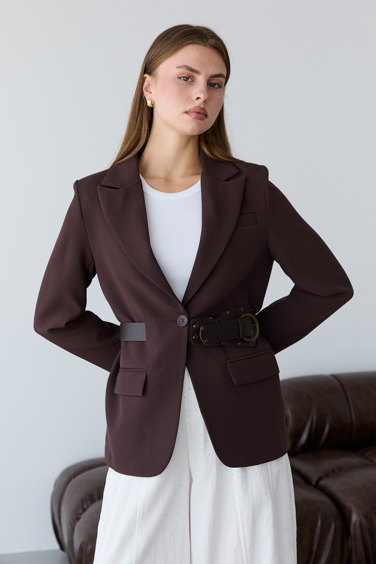 Trendyol Dark Brown Self-Belted Blazer Jacket