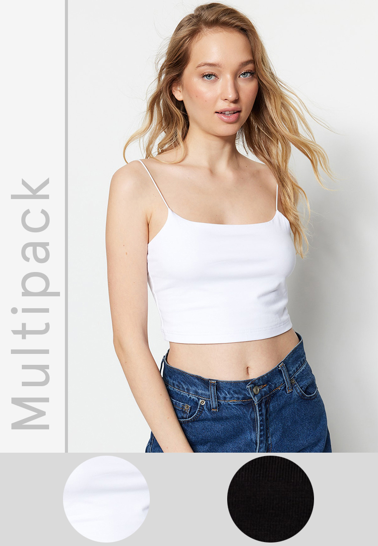 Trendyol Black-White 2-Pack Cotton Spaghetti Strap Crop Flexible Knitted Tank Top Twoss21Al196