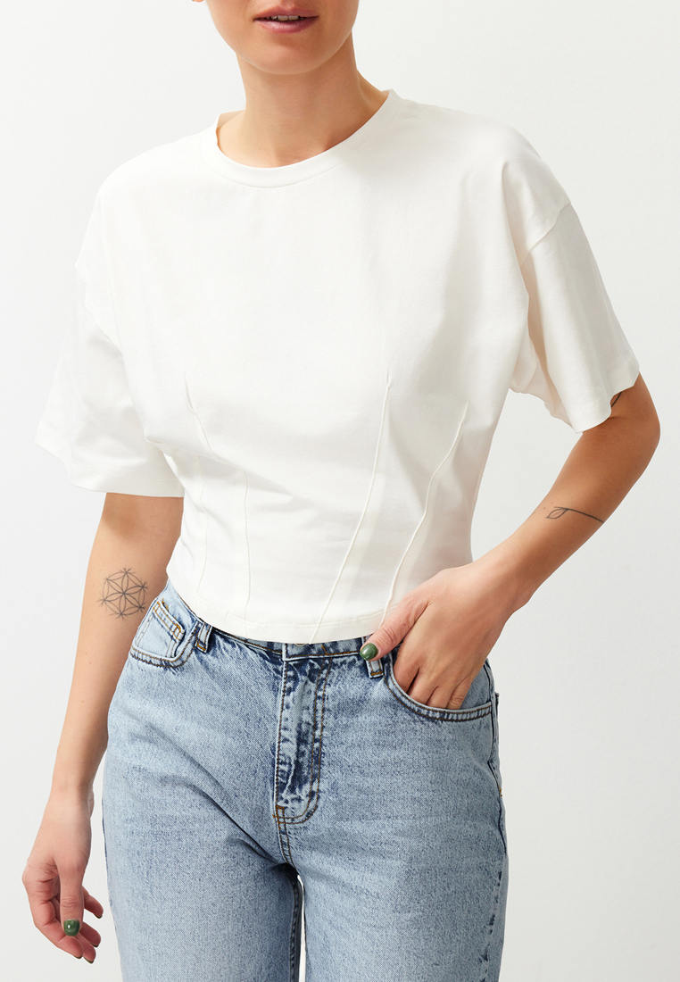 Trendyol White Crop Knitted T-Shirt Tedss24Ts8