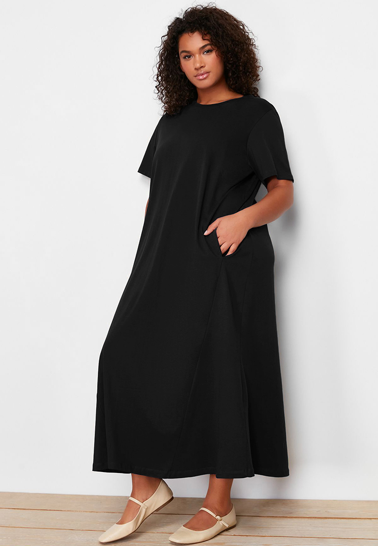 Trendyol Black Midi 100% Cotton Knitted T-shirt Dress TBBSS24AH00067