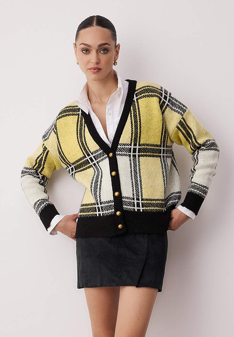Trendyol Yellow Soft Textured Plaid Wide Fit Knitwear Cardigan
