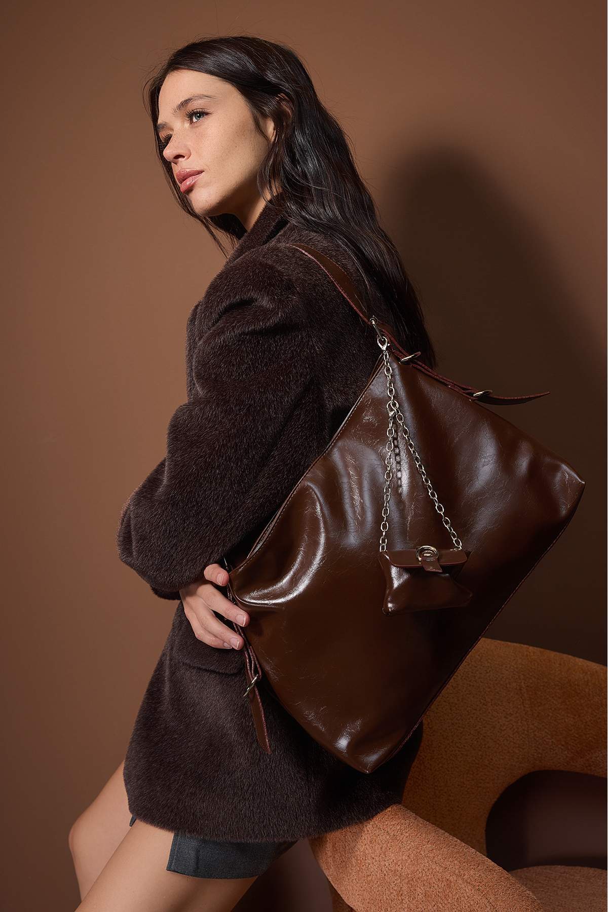Trendyol Light Brown Wrinkled Faux Leather Belt Buckle Pouch Women'S Maxi Size Shoulder Bag