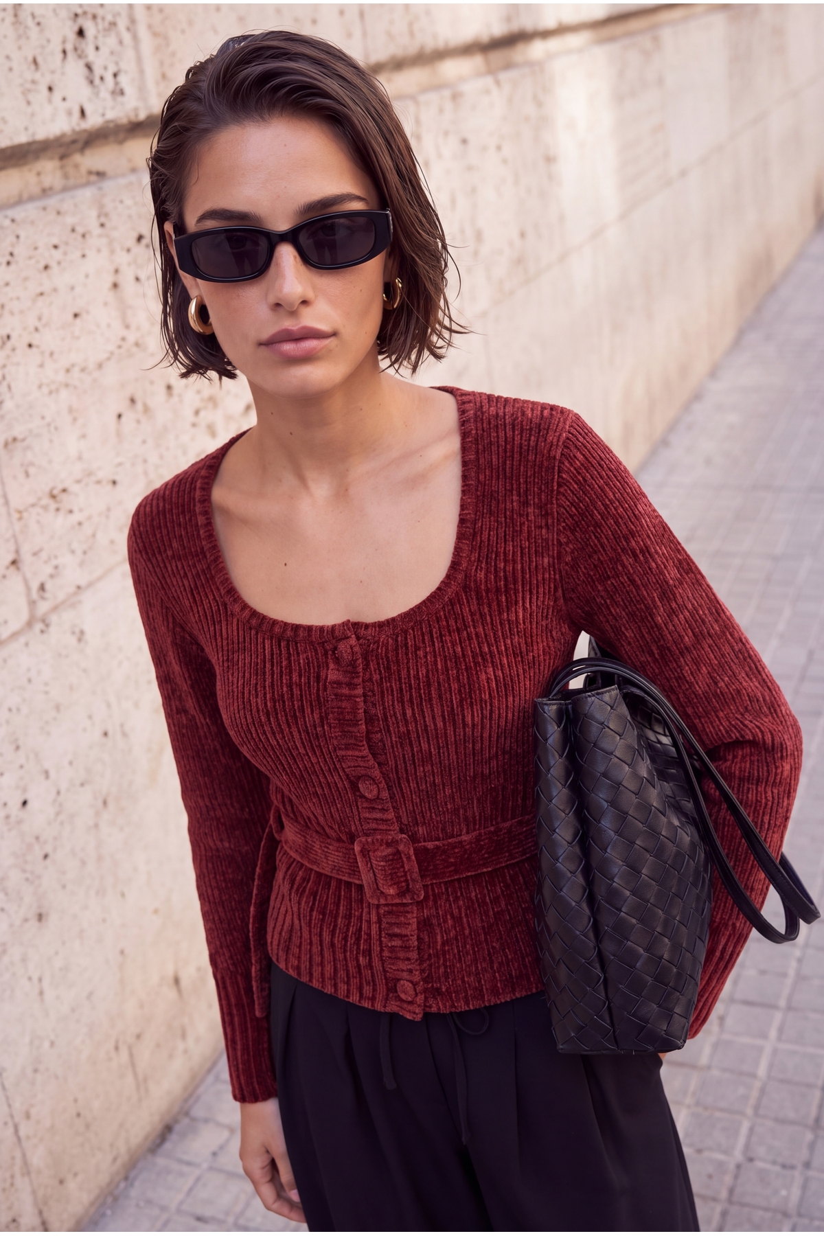 Trendyol Burgundy Special Yarn Chenille Belt Detailed Knitwear Sweater