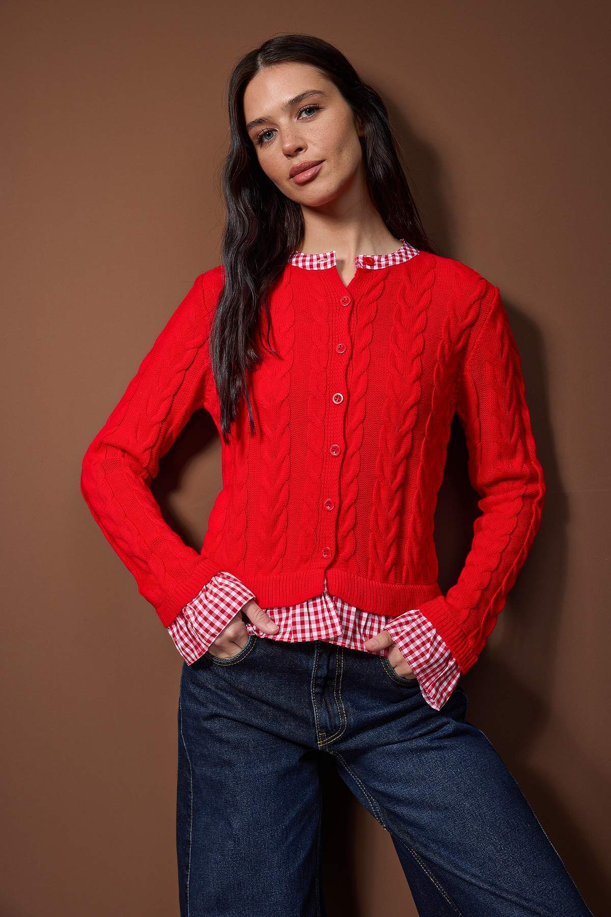 Trendyol Red Plaid Garni Collar Detailed Knitwear Cardigan