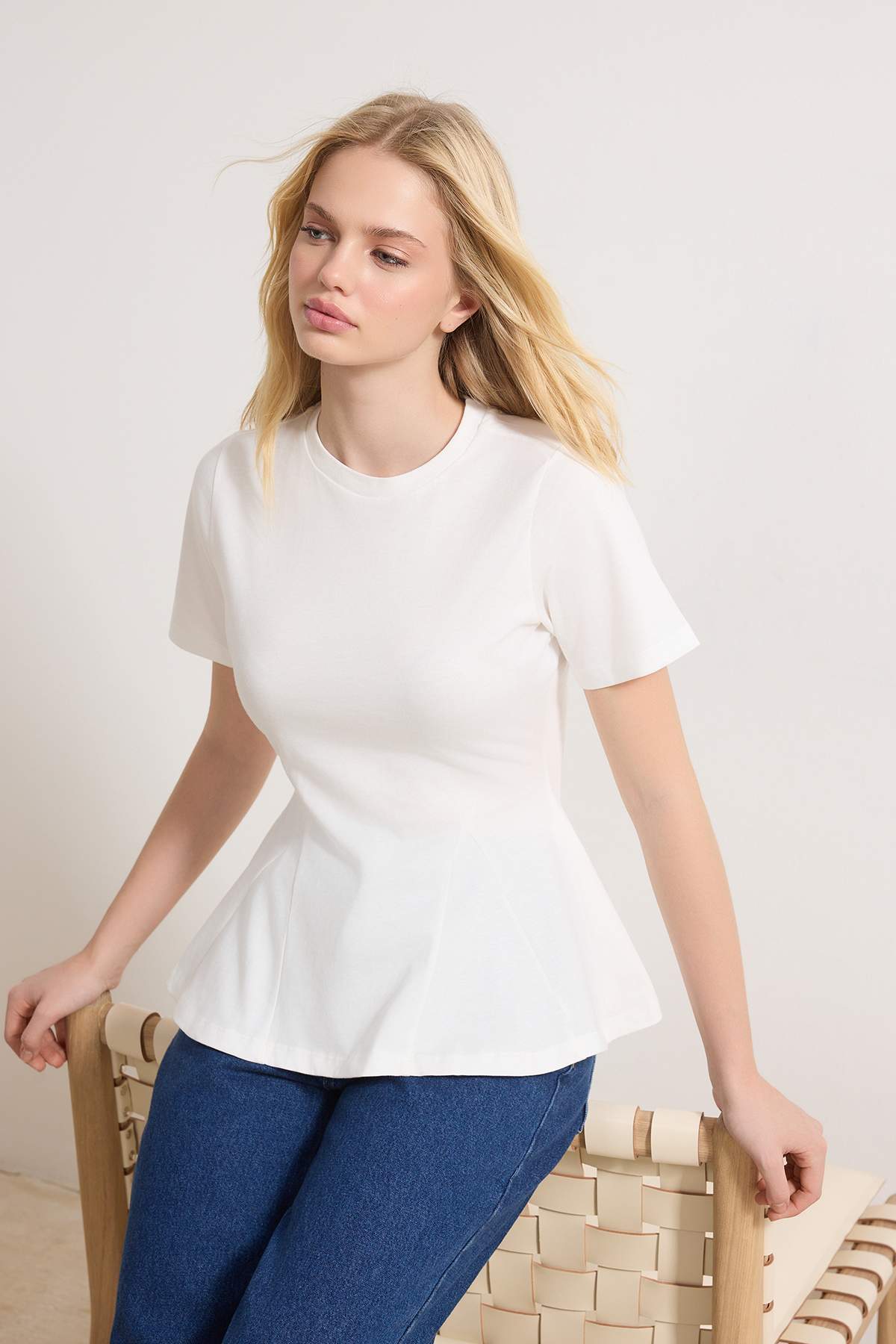 Trendyol Ecru Plain Peplum Crew Neck Standard Sleeve Short 1% Cotton Knitted Blouse Twoss26Bz28