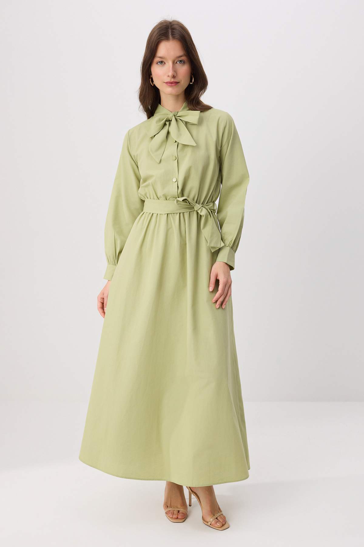 Trendyol Çağla Green Scarf Collar Covered Button Detailed Maxi Woven Hijab Dress Tctss26Eb00200