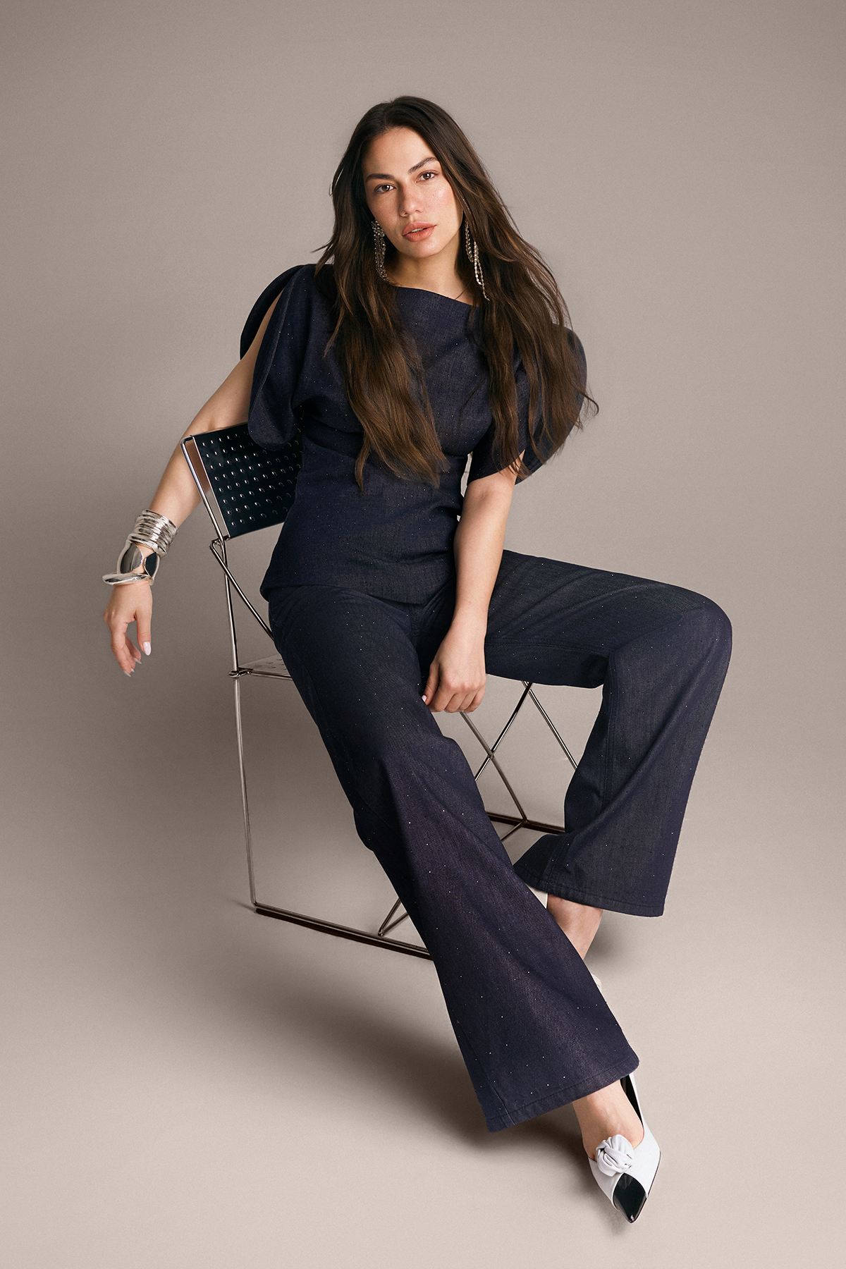Trendyol Dark Blue 100% Cotton Stoned Long Length High Waist Raw Wide Leg Jeans Twoss26Je00072