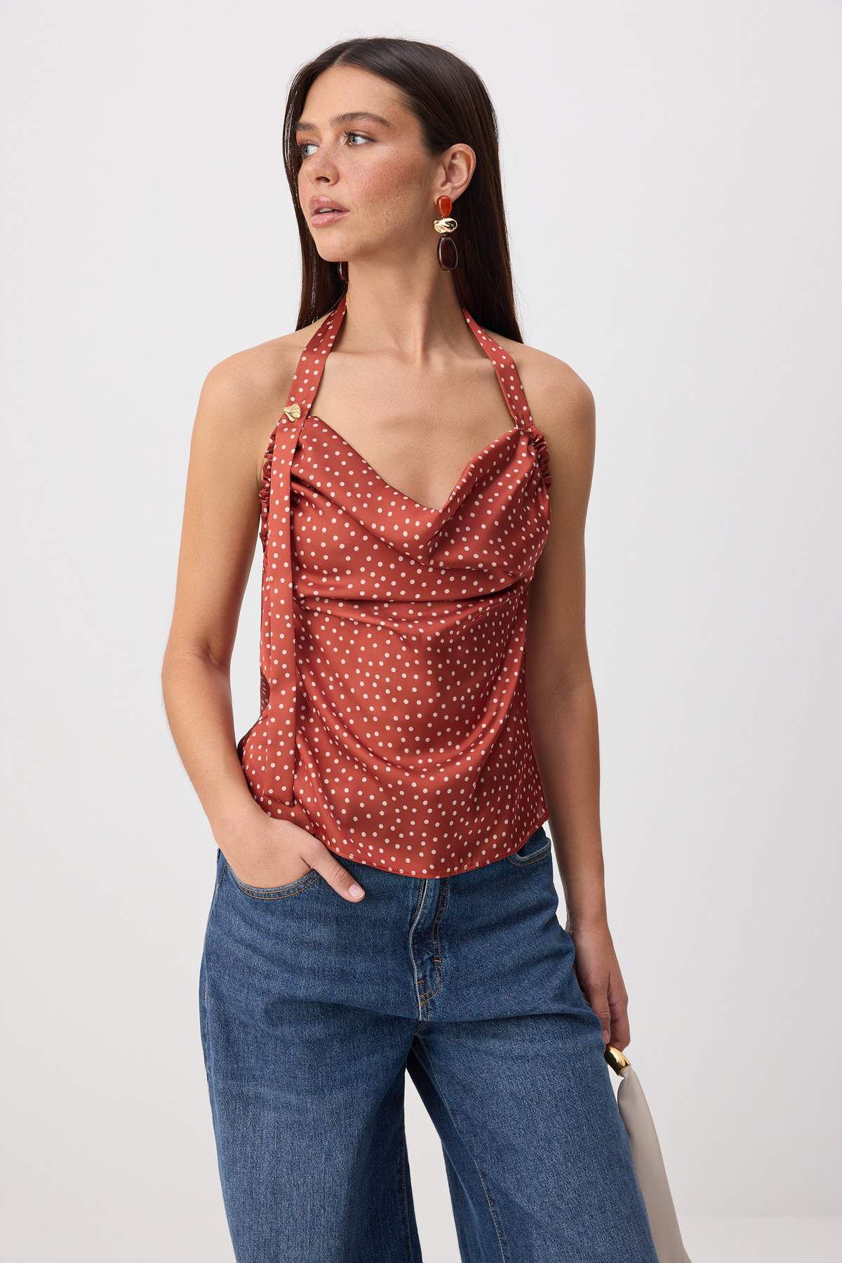 Trendyol Tile Polka Dot Pattern Accessory Detail Woven Satin Blouse Twoss26Bz00496
