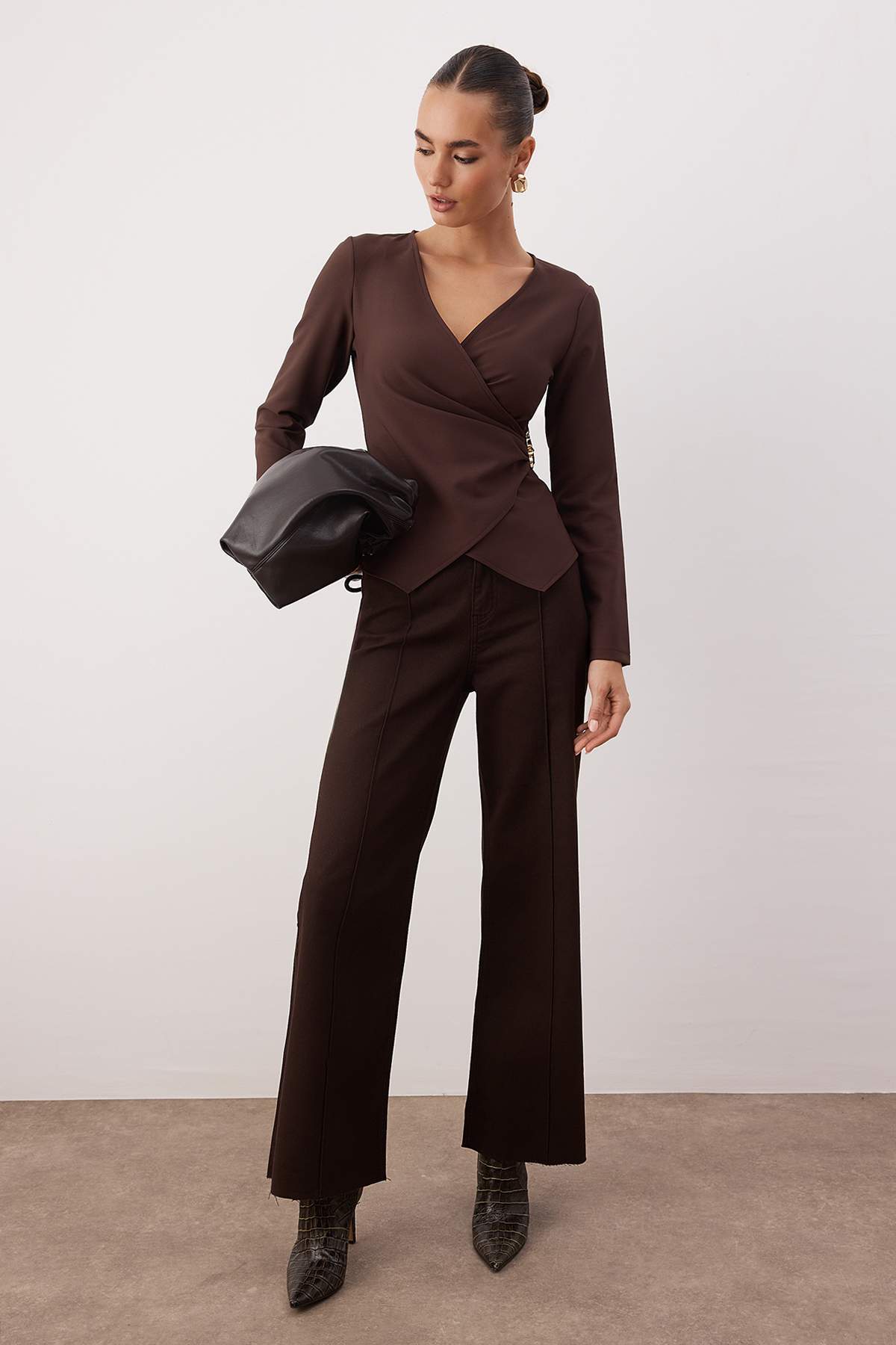 Trendyol Brown Woven Wrap Blouse With Buckle Detail