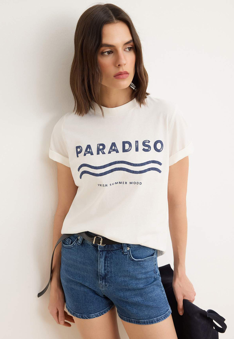 Trendyol Ecru Printed Regular Crew Neck Standard Sleeve Short 1% Cotton Knitted T-Shirt Twoss26Ts212