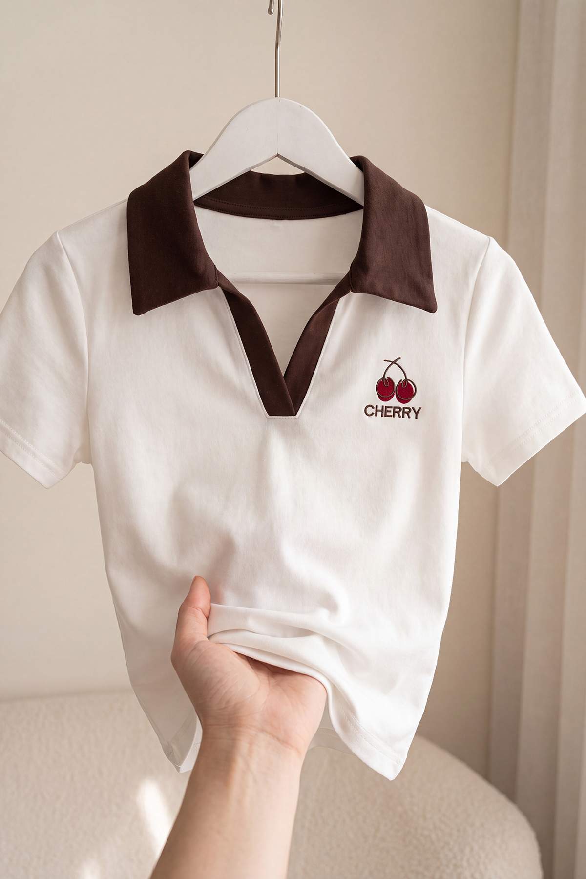Trendyol Ecru Embroidered Regular Polo Neck Standard Sleeve Short Interlock Knitted T-Shirt Twoss26T