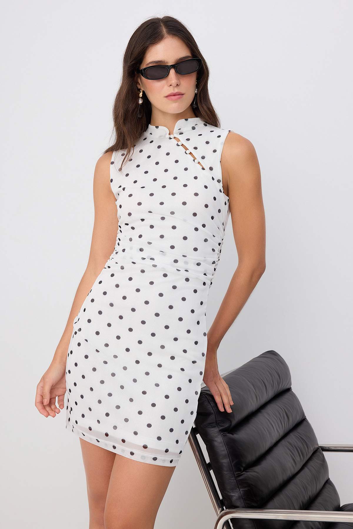 Trendyol Ecru Polka Dot Bodycon High Neck Sleeveless Chinese Button Mini Tulle Lined Knitted Dress T