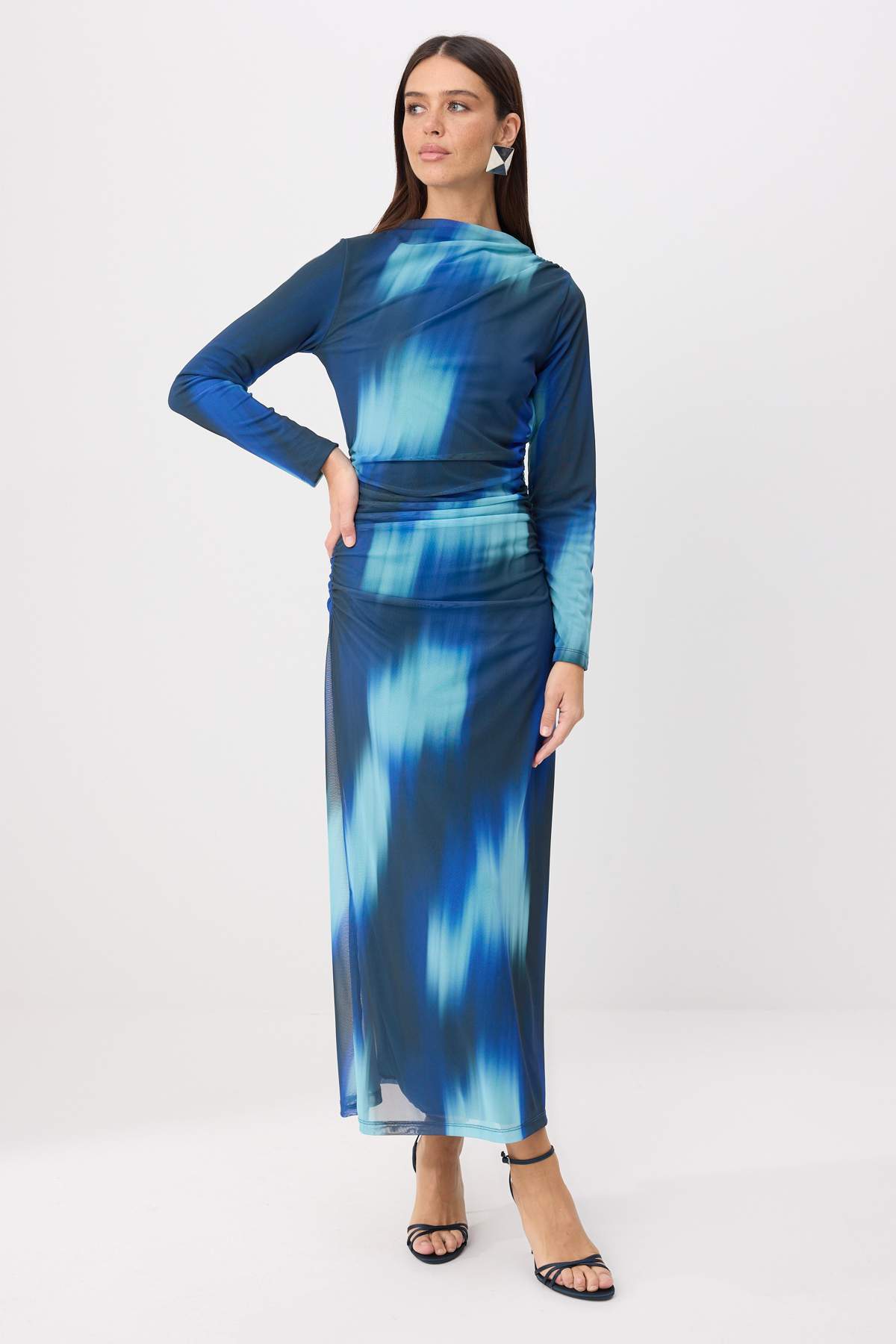 Trendyol Blue Lined Batik Knitted Sandy Hijab Dress Tctss25Eb00043