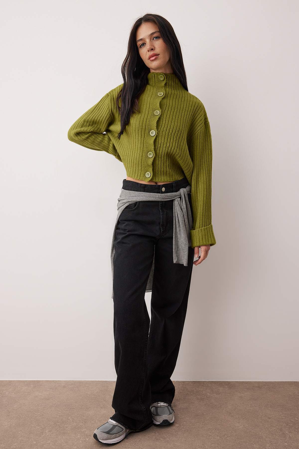 Trendyol Oil Green Crop Soft Textured Stand Collar Knitwear Cardigan Twoaw22Hi0174