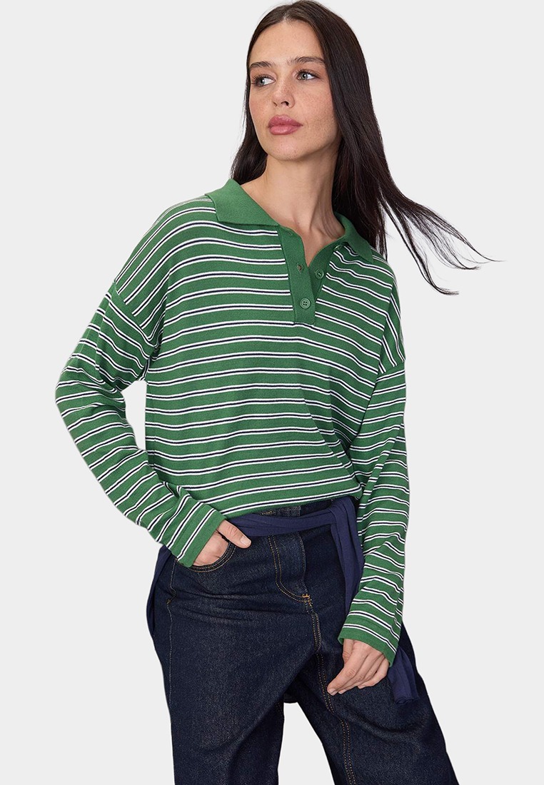 Trendyol Wardrobe Essentials Green Premium Yarn/Custom Yarn Wide Fit Striped Knitwear Sweater Twoaw2