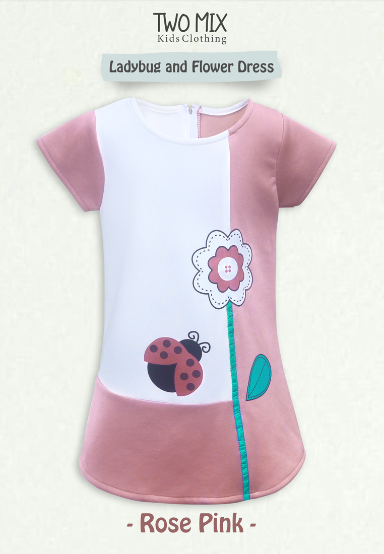 Two Mix Dress Anak Perempuan - Baju Anak Fashion Motif Bunga 4093 Rose Pink