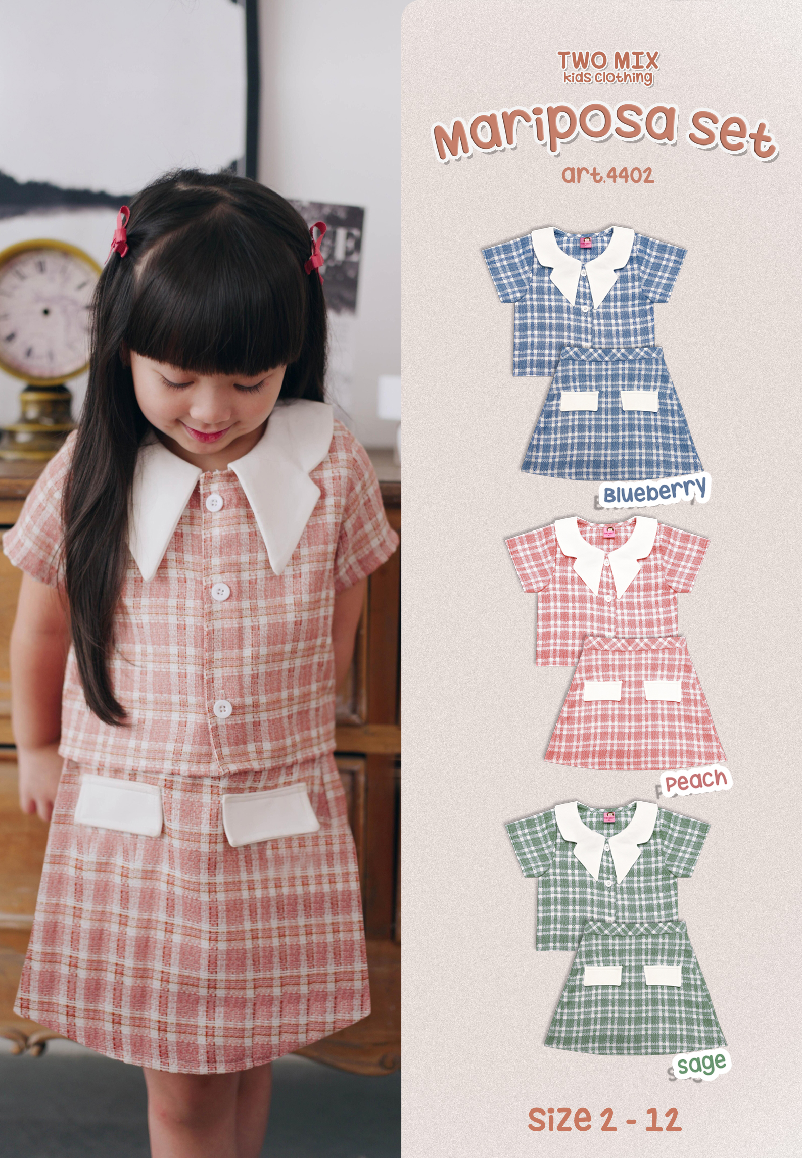 Two Mix - Mariposa Set Setelan Baju Anak Perempuan Korean Style 1-12 Tahun 4402 Peach