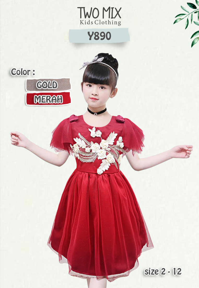 Two Mix - Baju Dress Anak Perempuan Lebaran 2024 1-12 Tahun Y890 Merah