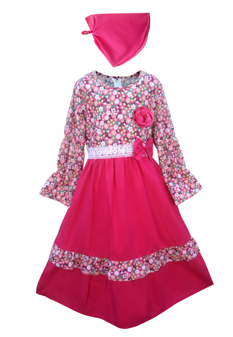 Two Mix Gamis Anak Perempuan Bahan Katun Motif Bunga Bonus Jilbab 4144