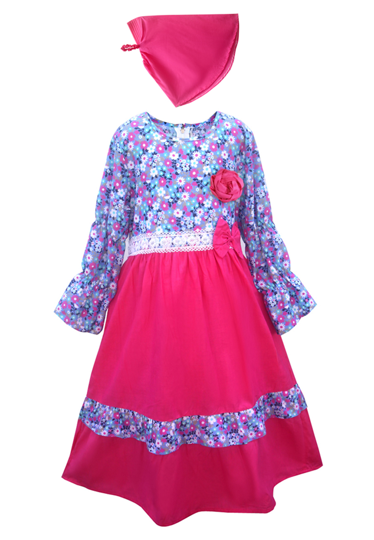 Two Mix Gamis Anak Perempuan Bahan Katun Motif Bunga Bonus Jilbab 4144
