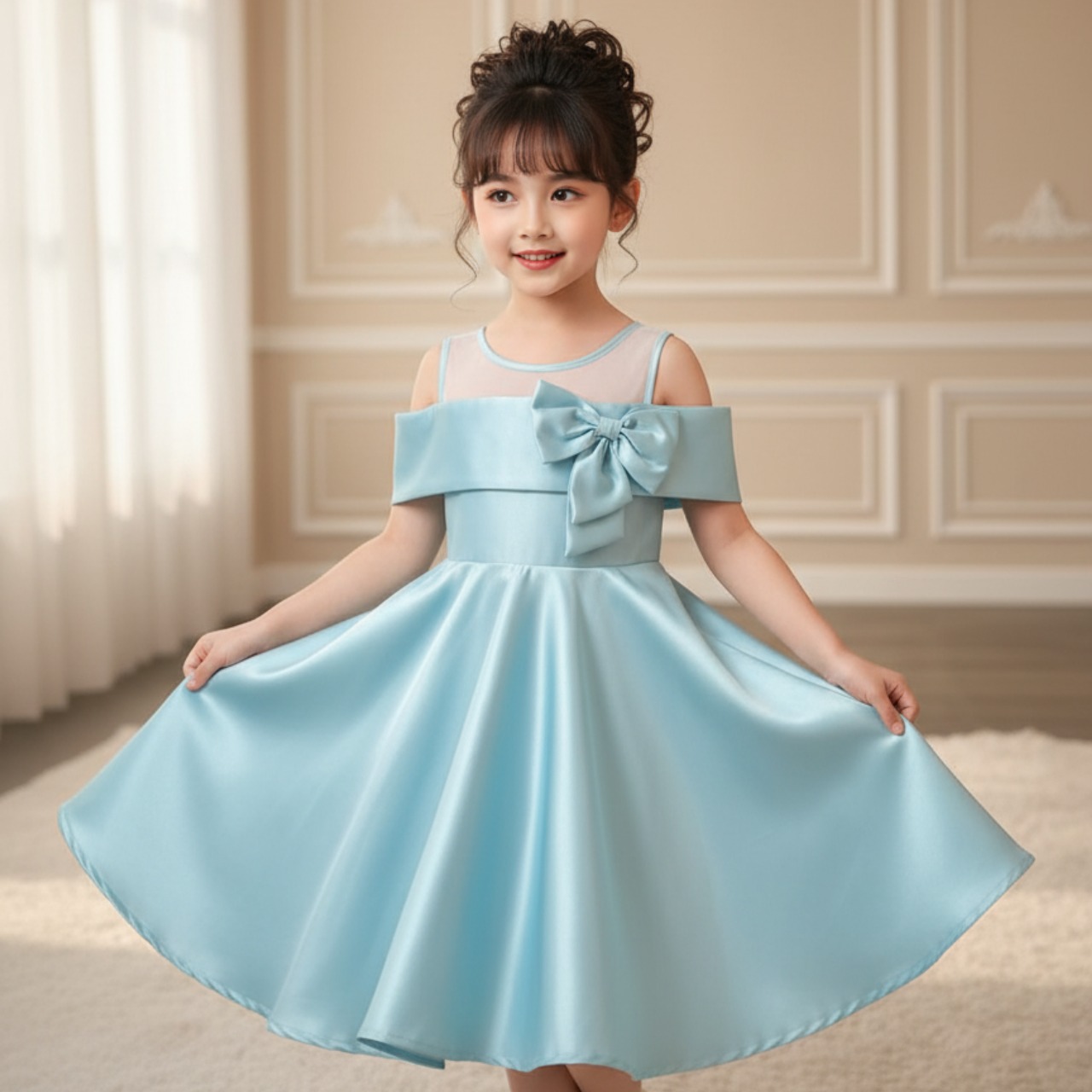 Two Mix - Baju Dress Pesta Anak Perempuan - Gaun Anak Cewek Satin Usia 1-14 Tahun 4461 Warna Ice Blu