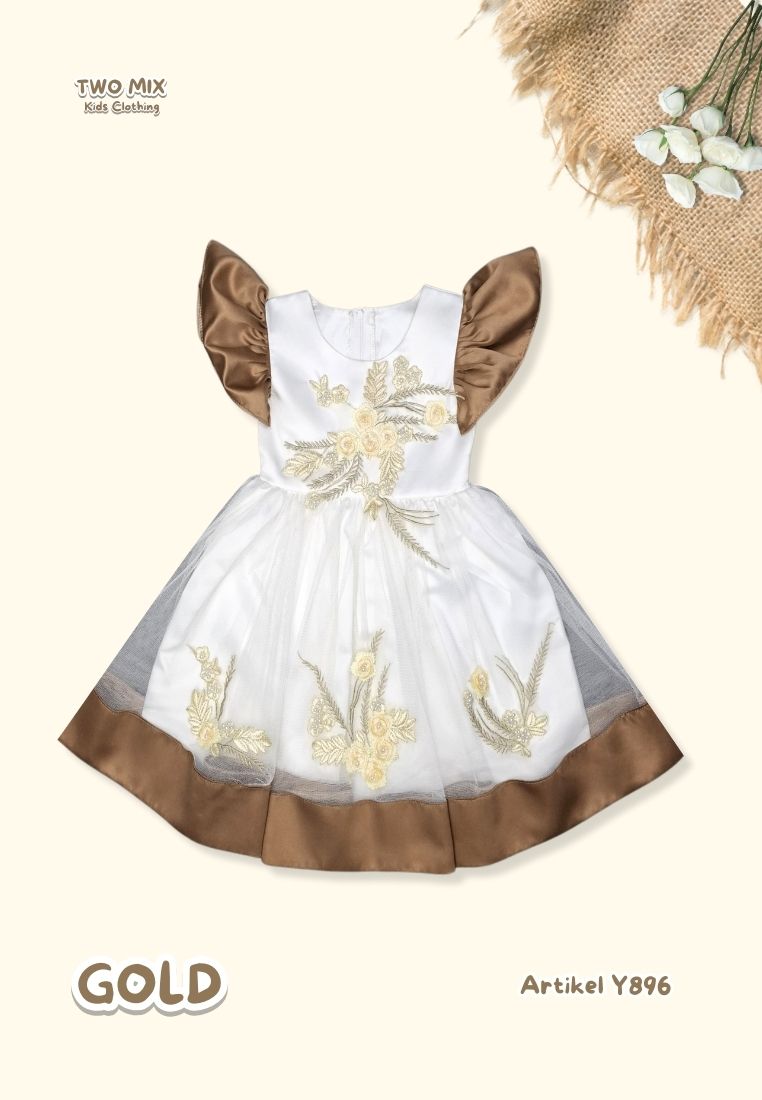 Two Mix - Dress Anak Pesta Perempuan - Gaun Anak Satin Dress 1-12 Tahun Y896 Cokelat