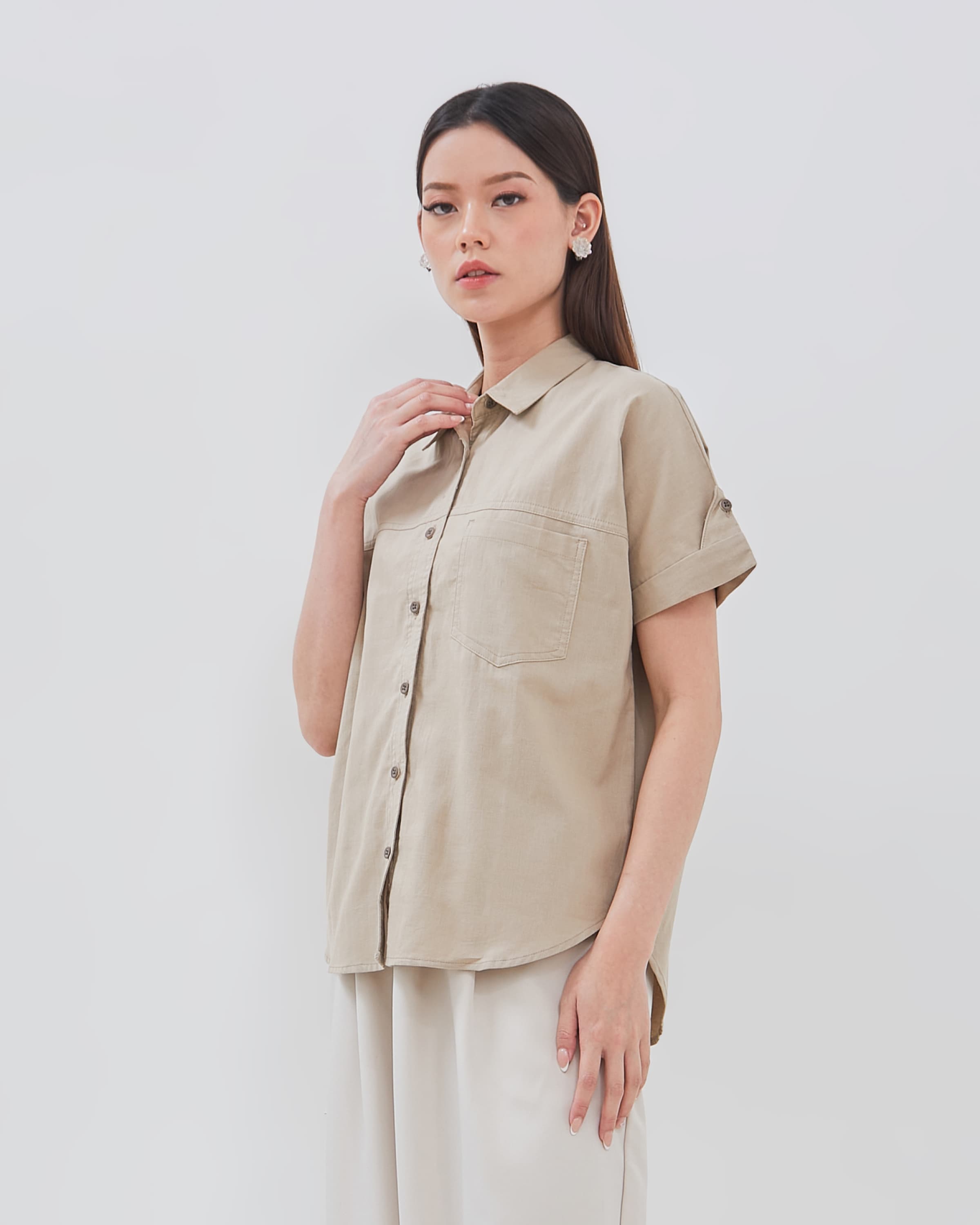 Urban Exchange Alisha Shirt Cream - Atasan Kemeja Wanita Lengan Pendek Warna Latte
