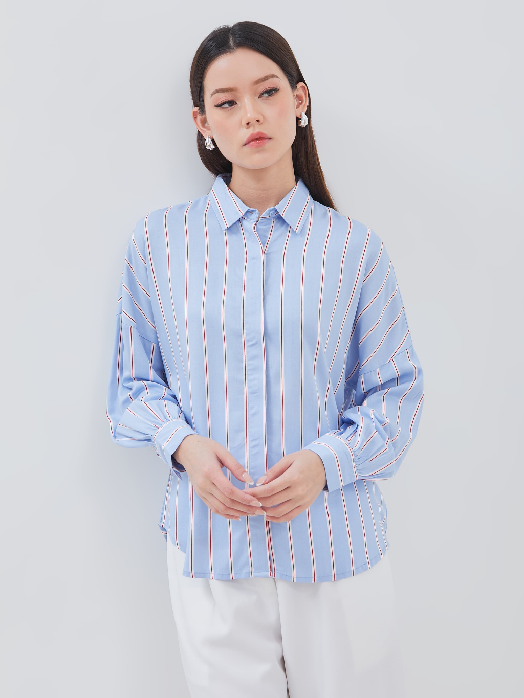 Urban Exchange Blouse Isaura Blue - Top Shirt Stripe Kemeja Lengan Panjang Rayon