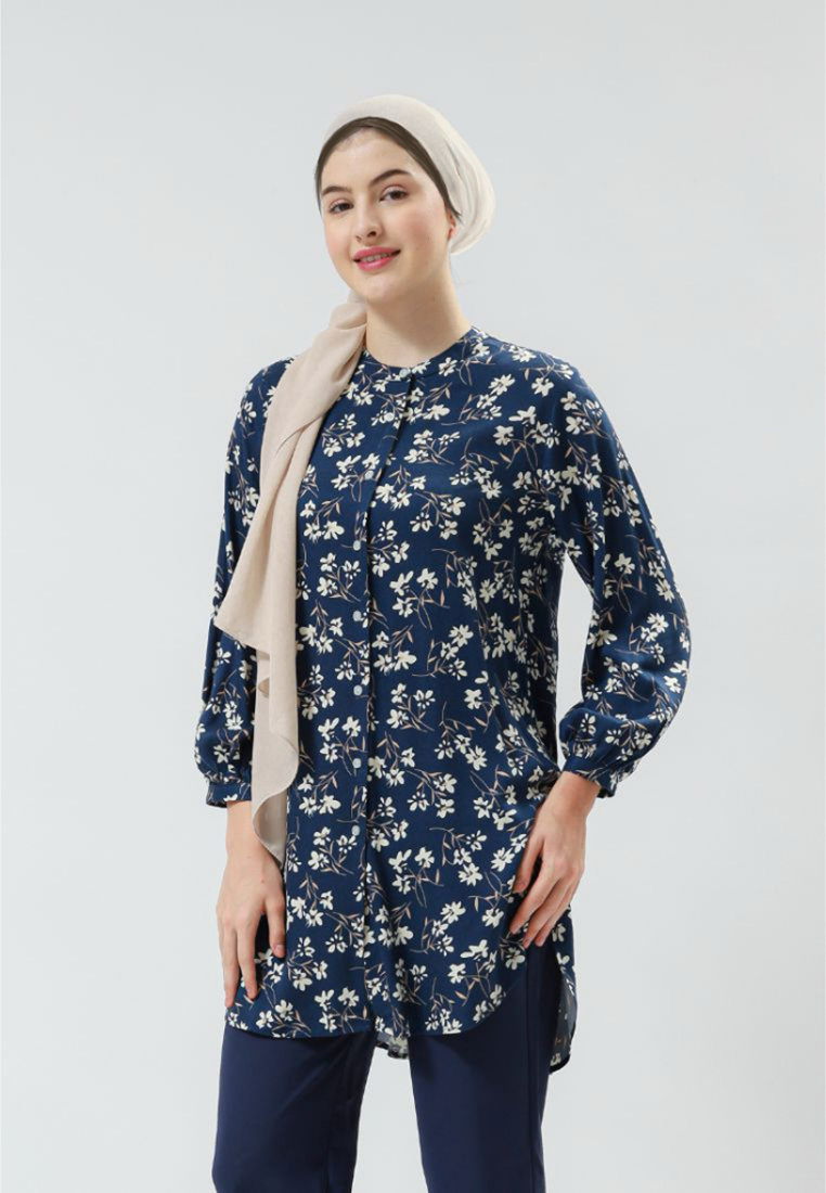 Urban Exchange Wendy Navy Shirt Printed - Atasan Tunik Rayon Kasual