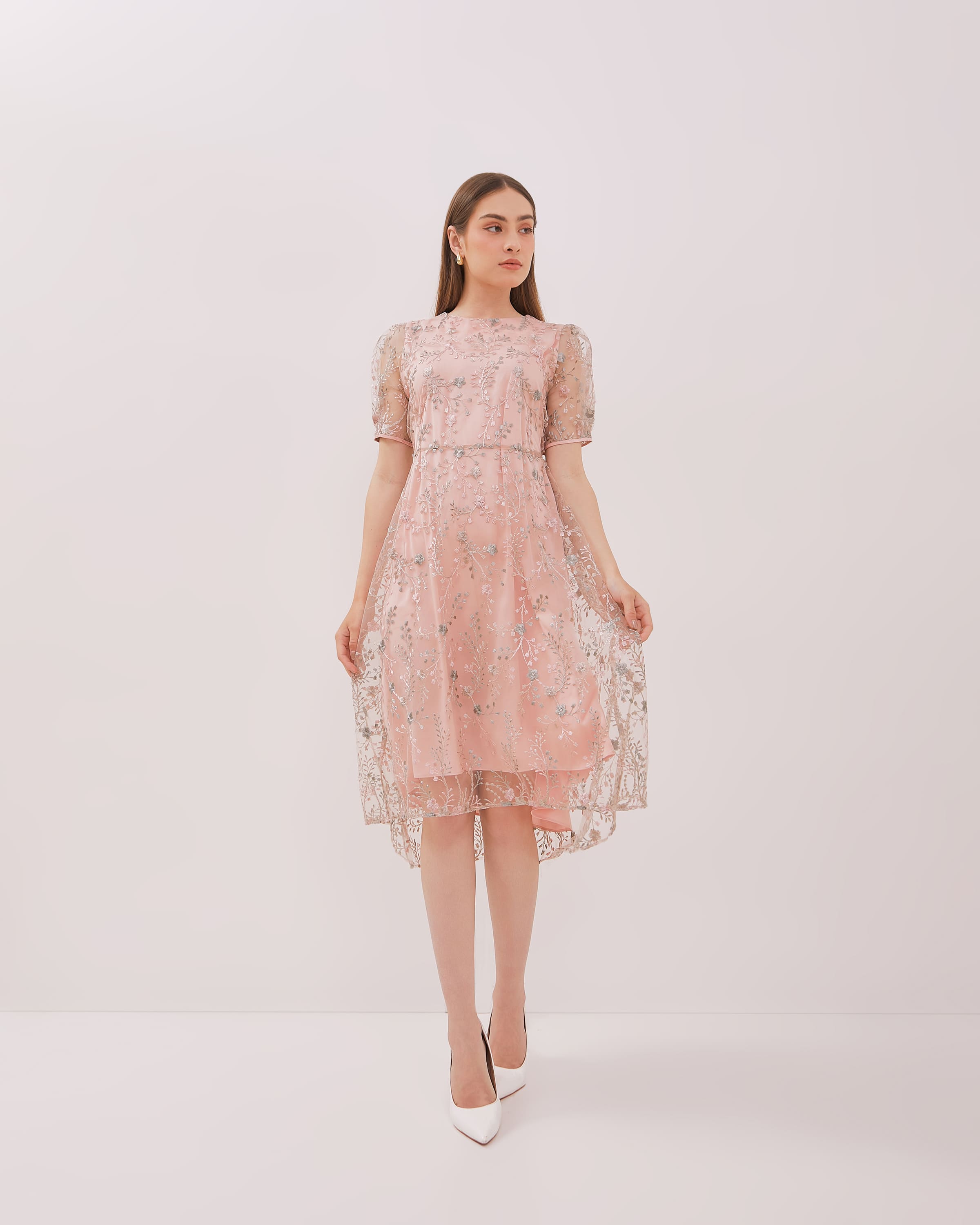 Urban Exchange Noella Pink Dress Midi Dress Brokat Dress Natal Warna Pink