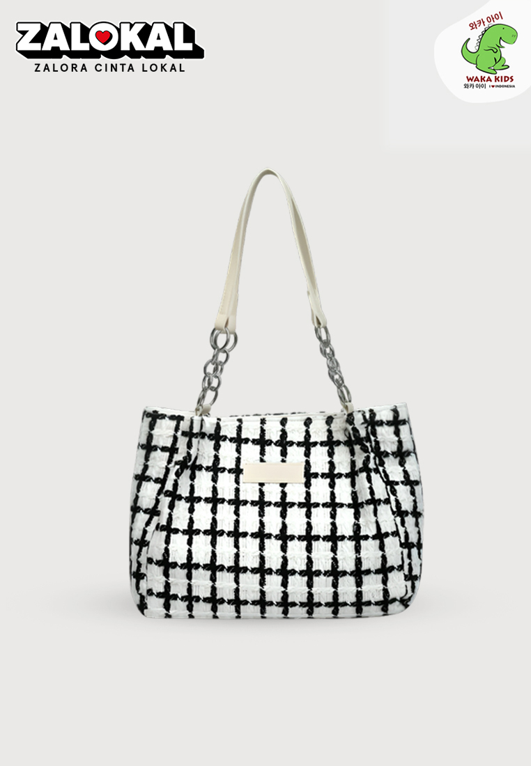 Wakakids Tas Wanita Bahu Shoulder Bag Tote Bag Bahan Kain Tweed Plaid Pattern Venrc Putih