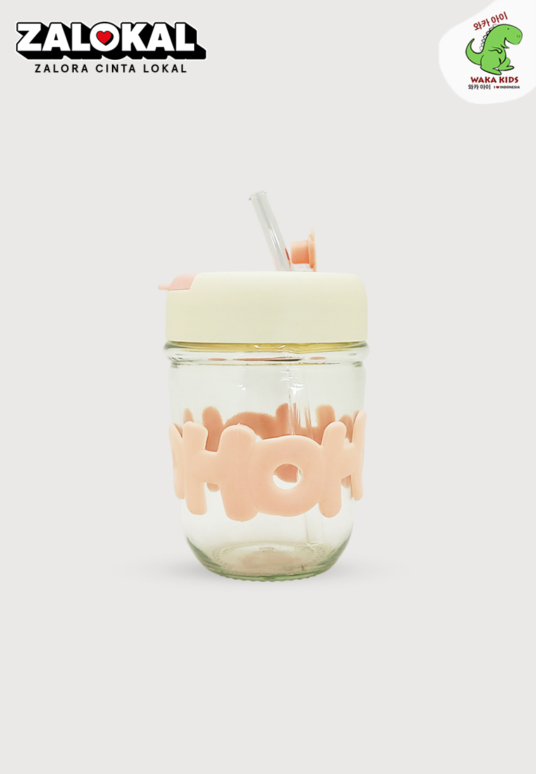 Wakakids Botol Minum Gelas Kaca Tumbler Cup Aesthetic Motif Hoho Free Sedotan Kaca 350ml Venjr Pink