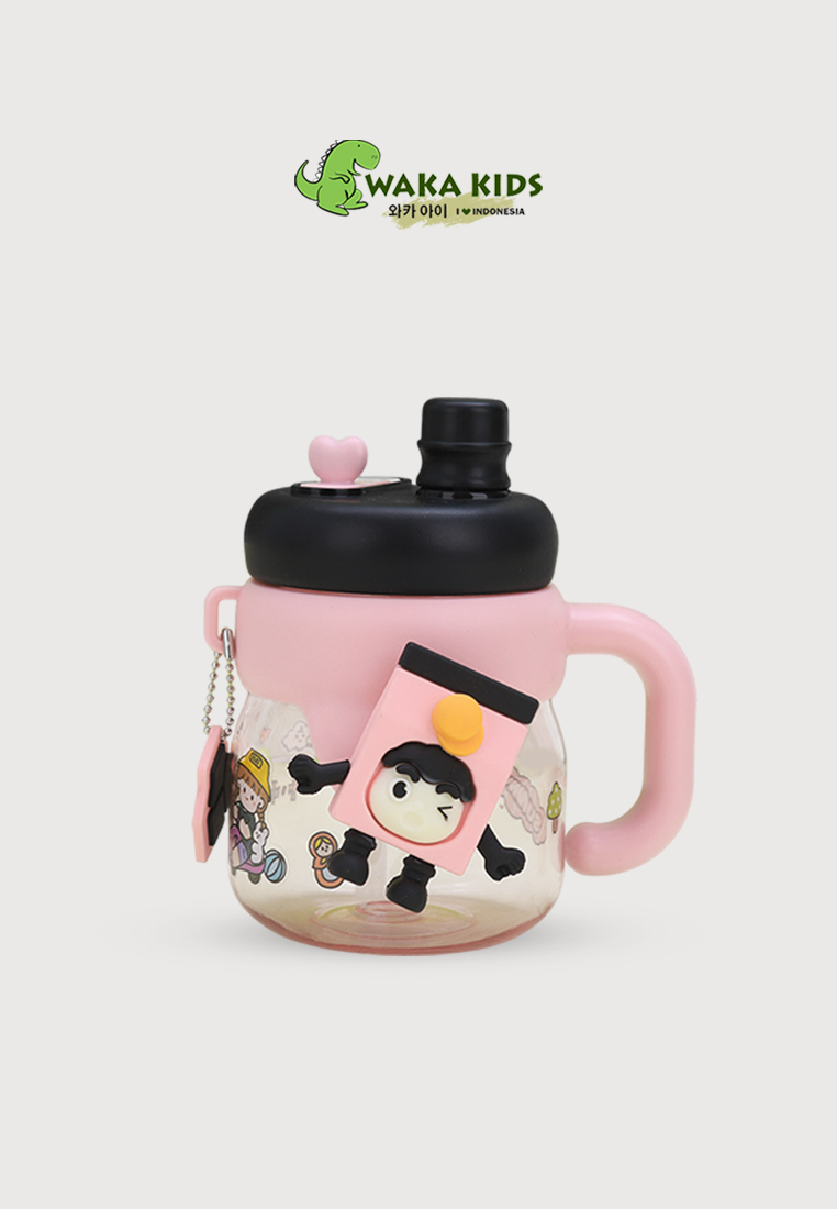 Wakakids Botol Minum Plastik Transparan Bentuk Gelas Gagang Karakter Lucu Charm 2 Cara Minum 680ml K
