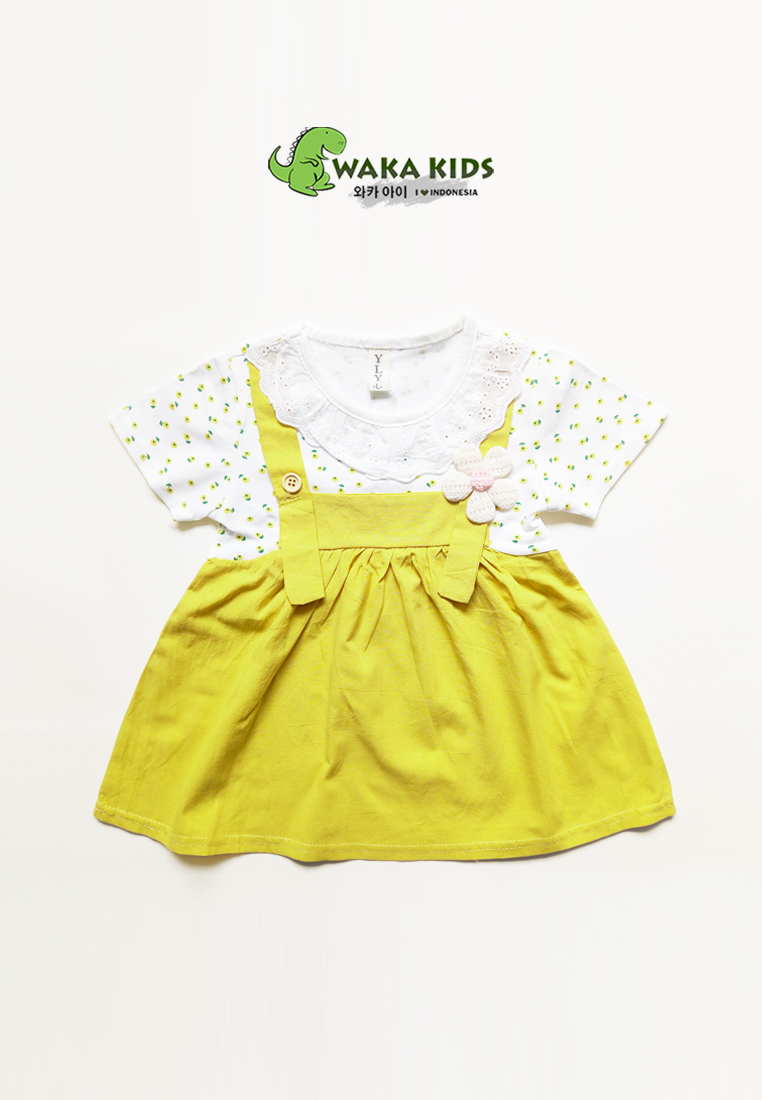 Wakakids Dress Bayi Anak Perempuan Lengan Pendek Katun Flowers Renda 4489 Venrc Akula Kuning