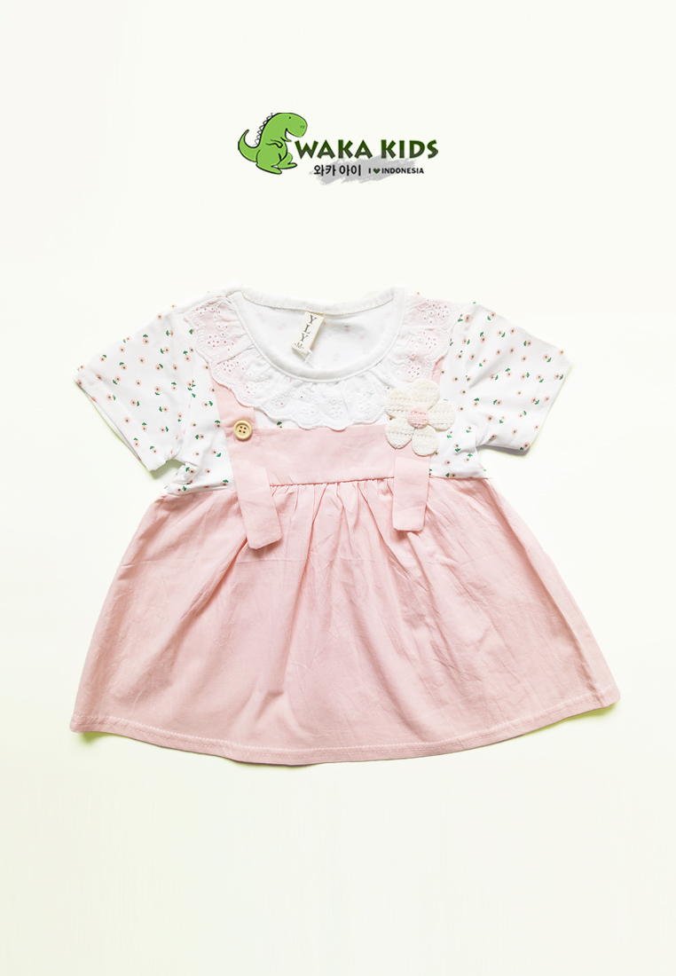 Wakakids Dress Bayi Anak Perempuan Lengan Pendek Katun Flowers Renda 4489 Venrc Akula Peach