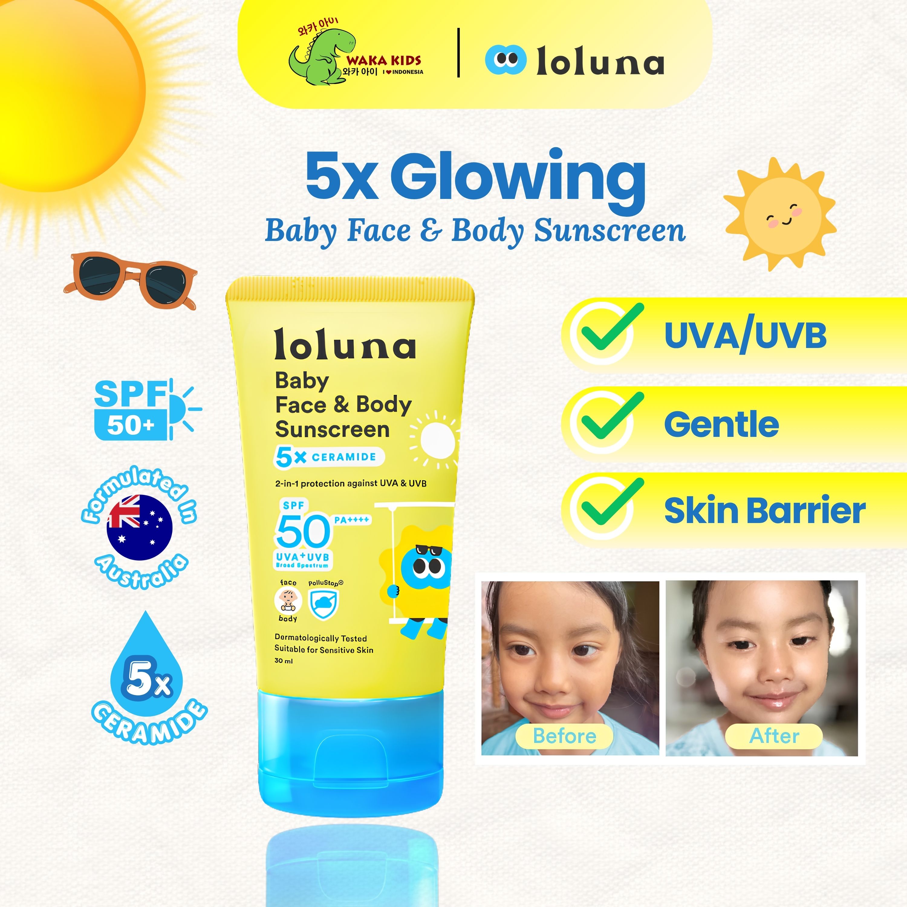 WAKAKIDS Loluna Baby Face and Body Sunscreen Anak SPF 50 PA++++ dengan Ceramide Proteksi Lengkap UVA