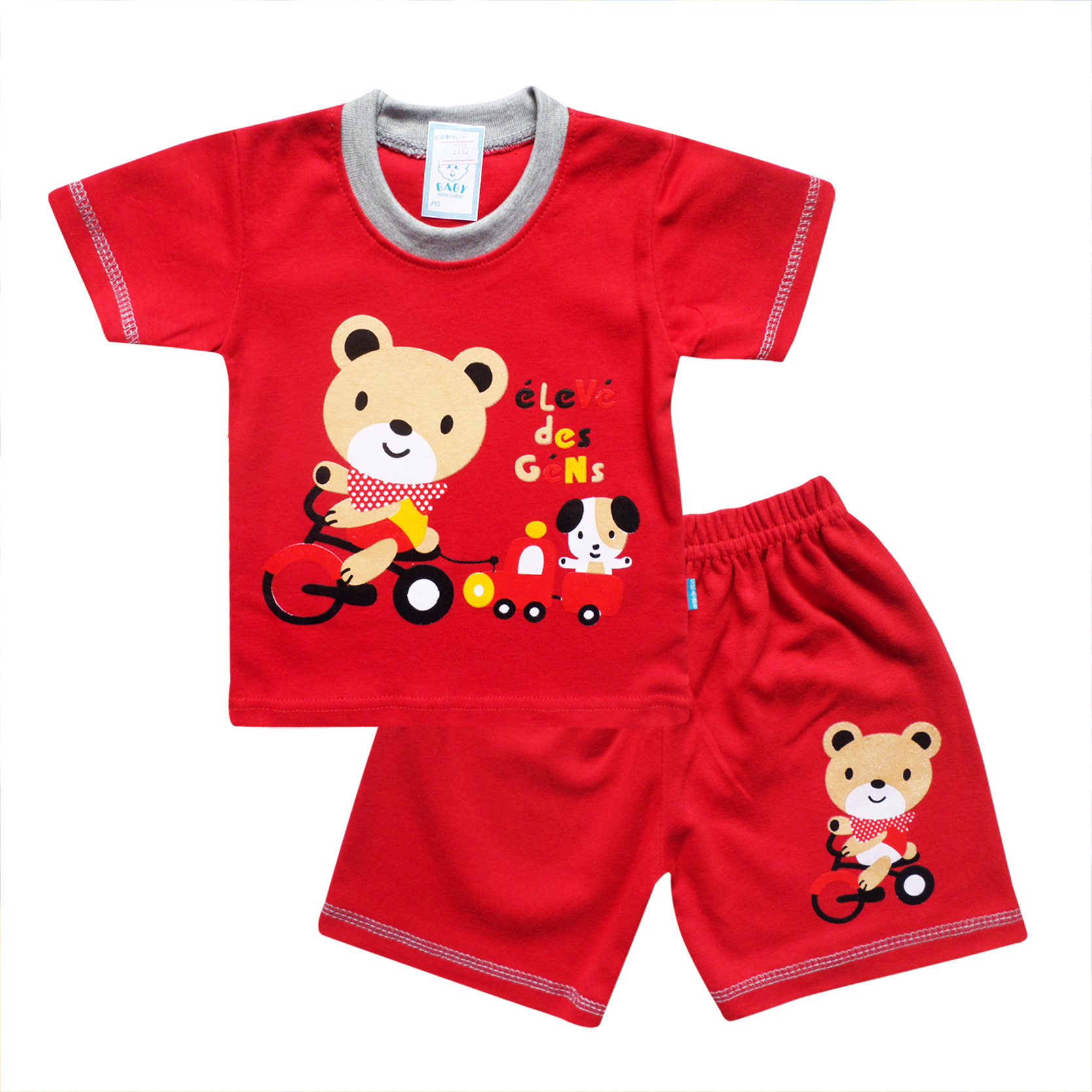 WAKAKIDS Skabe Pakaian Bayi Anak Laki Laki Baju Atsan Oblong Lengan Pendek Motif Bear Sepeda Setelan