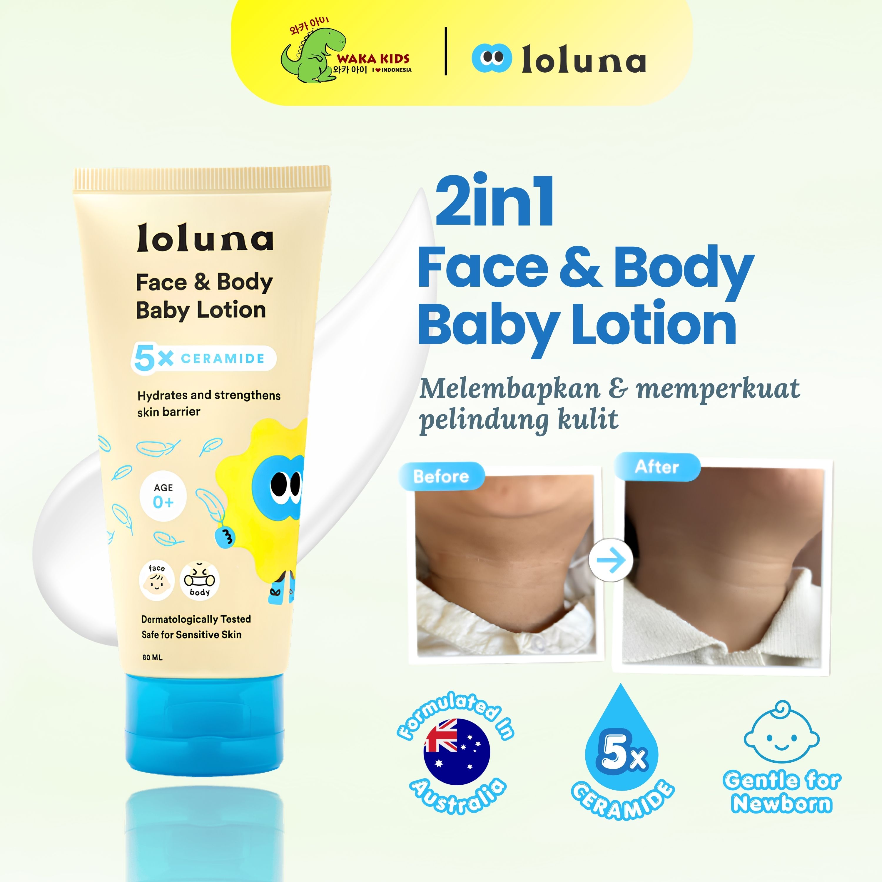 WAKAKIDS Loluna Face and Body Baby Lotion 5x Ceramide Pelembab Kulit Sensitif Krim Wajah dan Badan B