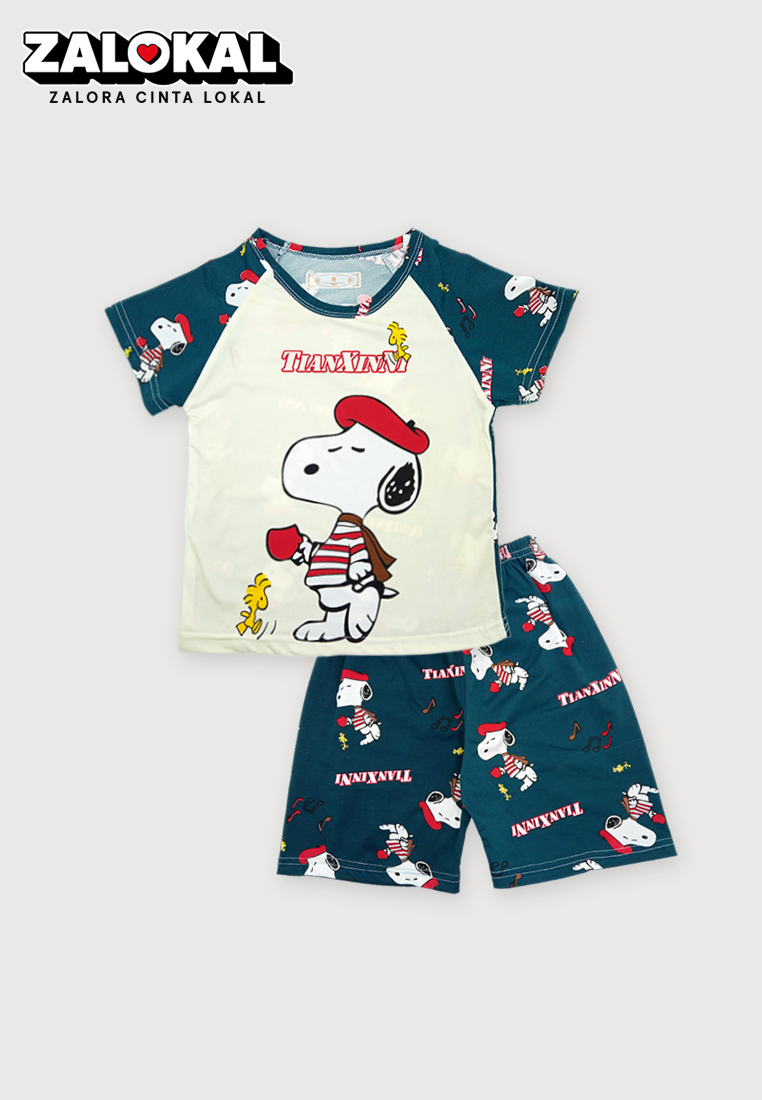 WAKAKIDS Setelan Anak Baju Lengan Pendek Set Baju Tidur Celana Kaos Motif Karakter Lucu Snoopy Impor