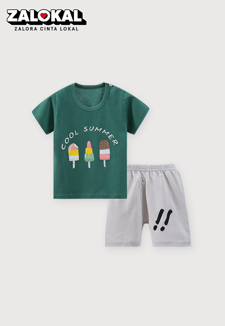WAKAKIDS Setelan Bayi Baju Anak Laki Laki Oblong Lengan Pendek Set Celana Kaos Motif Lucu Ice Cream 