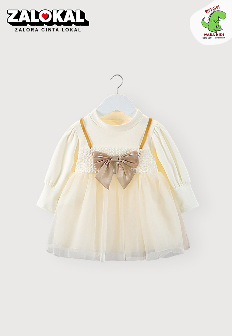 Wakakids Dress Bayi Anak Perempuan Lengan Panjang Gaun Pesta Rok Tutu Ribbon 4436 Venrz Putih