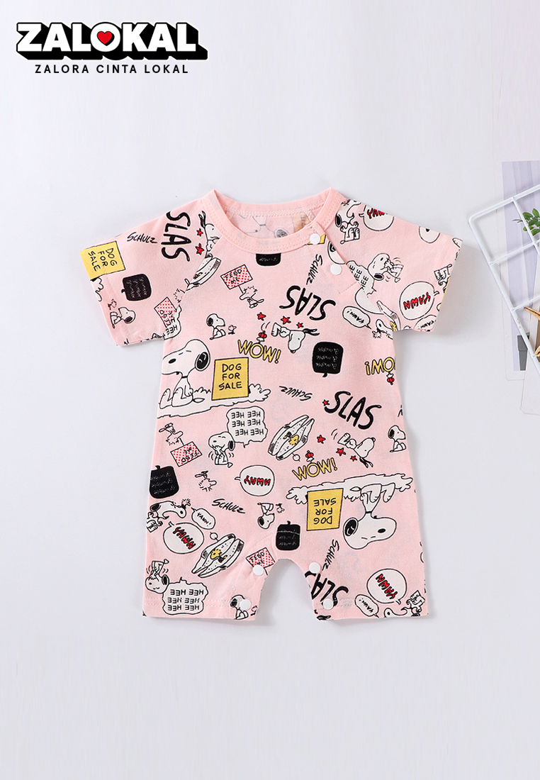 WAKAKIDS Jumpsuit Bayi Jumper Pendek Anak Perempuan Romper Baju Kodok Motif Lucu Snoopy Pink Import 