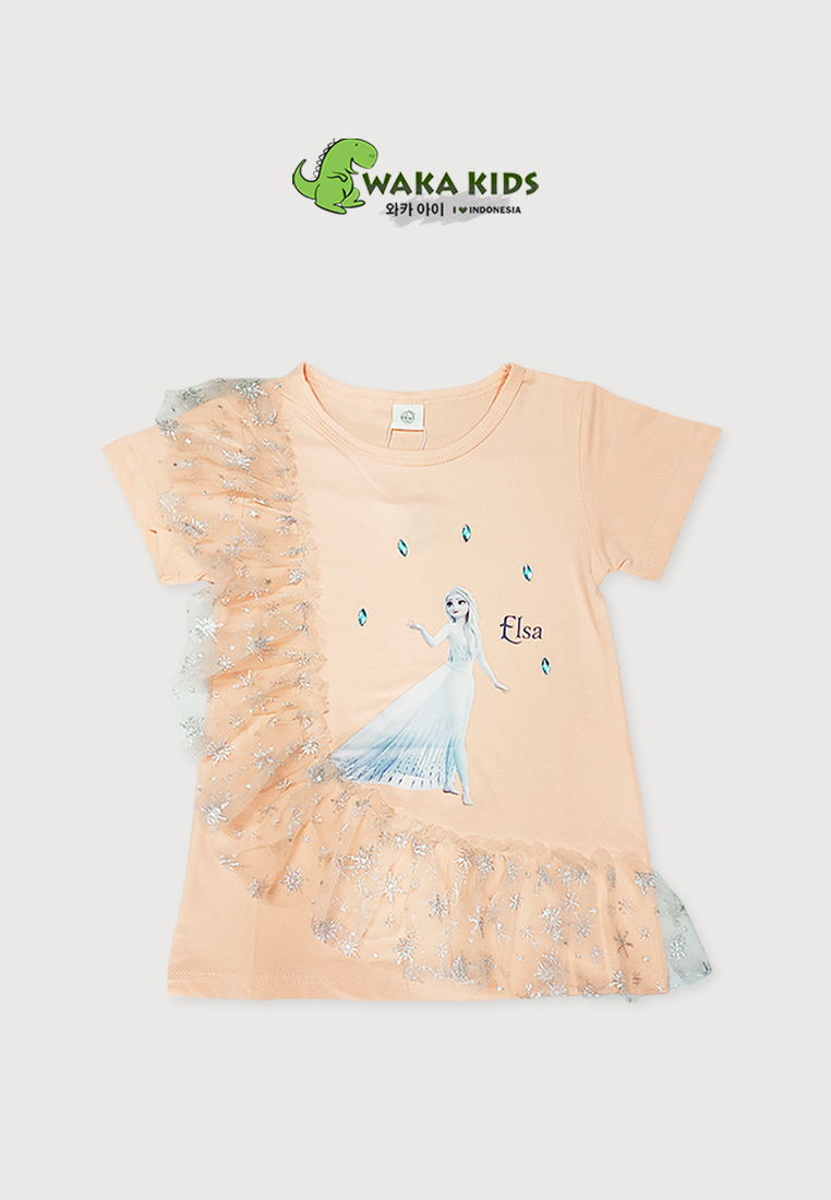 Wakakids Dress Anak Perempuan Lengan Pendek Rumbai Daster Karakter Motif Elsa Frozen 4490 Venrz Pink