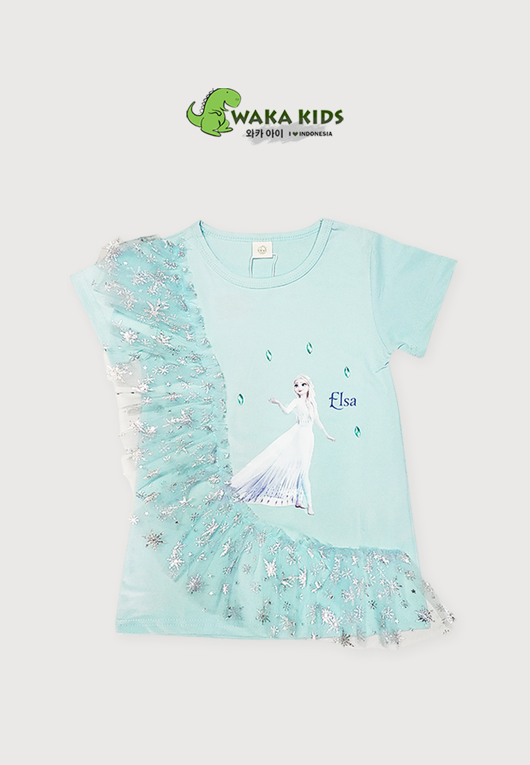 Wakakids Dress Anak Perempuan Lengan Pendek Rumbai Daster Karakter Motif Elsa Frozen 4490 Venrz Biru