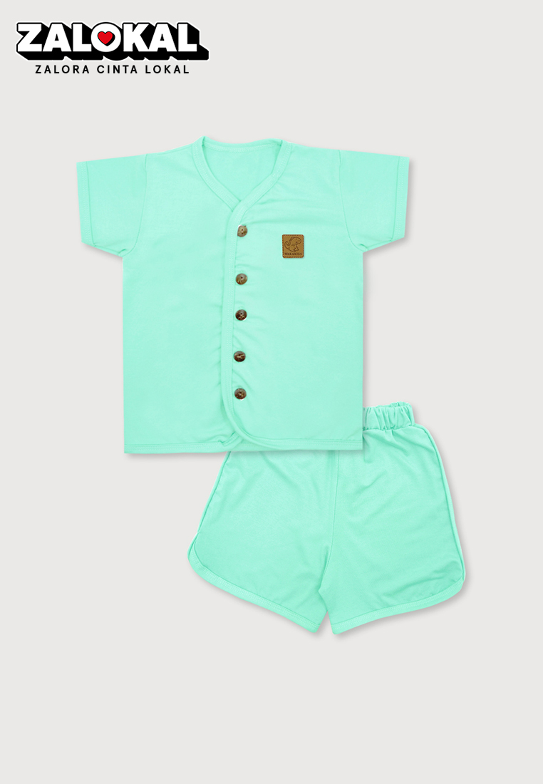 Wakakids Setelan Bayi Anak Baju Oblong Pendek Kancing Depan Celana Pendek Basic 3917 Mint