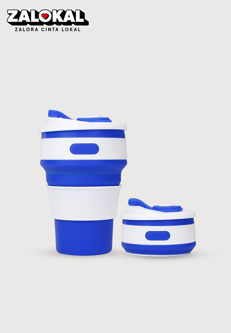 Wakakids Gelas Lipat Silikon Portable Coffe Cup Travel Mug Anti Bocor 350ML K230 Venjr Biru Tua