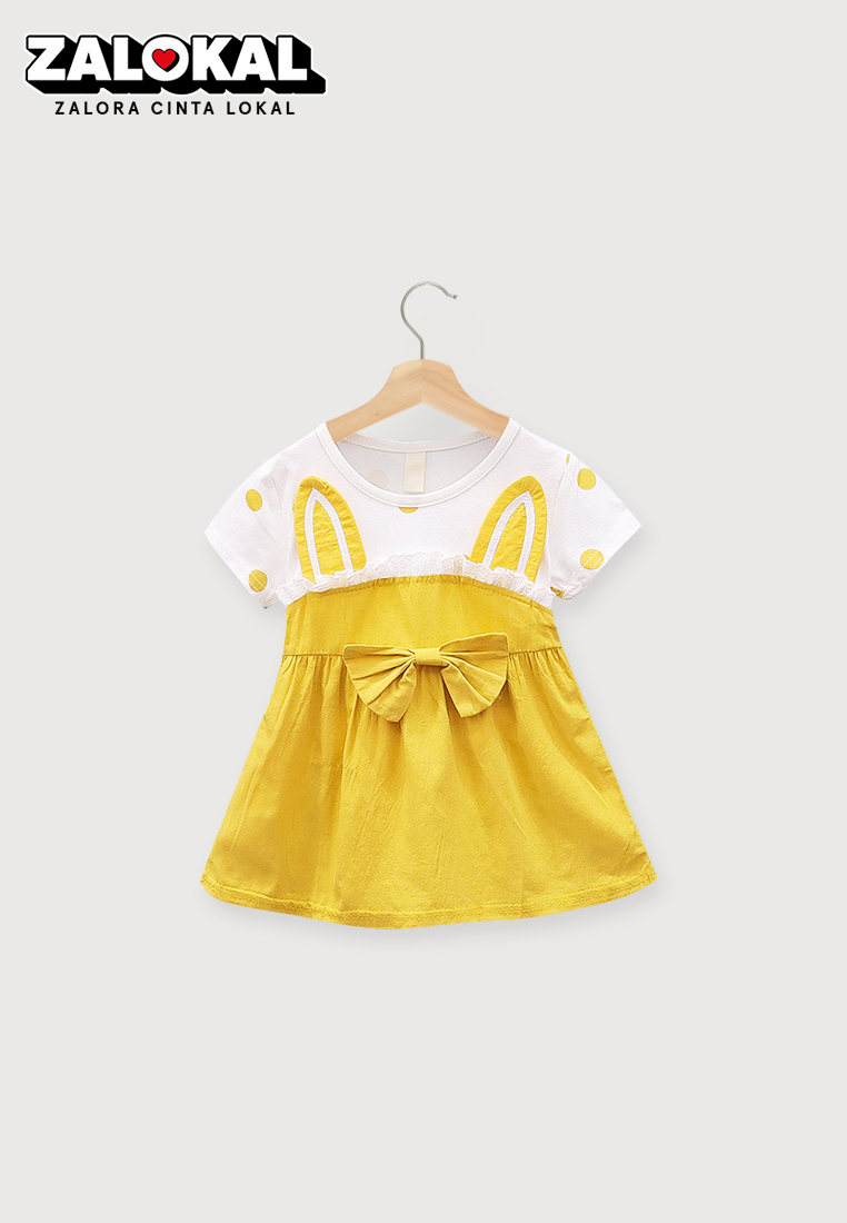 WAKAKIDS Dress Bayi Anak Perempuan Lengan Pendek Polka Rabbit Korean Style Import 4340 Venrz Kuning