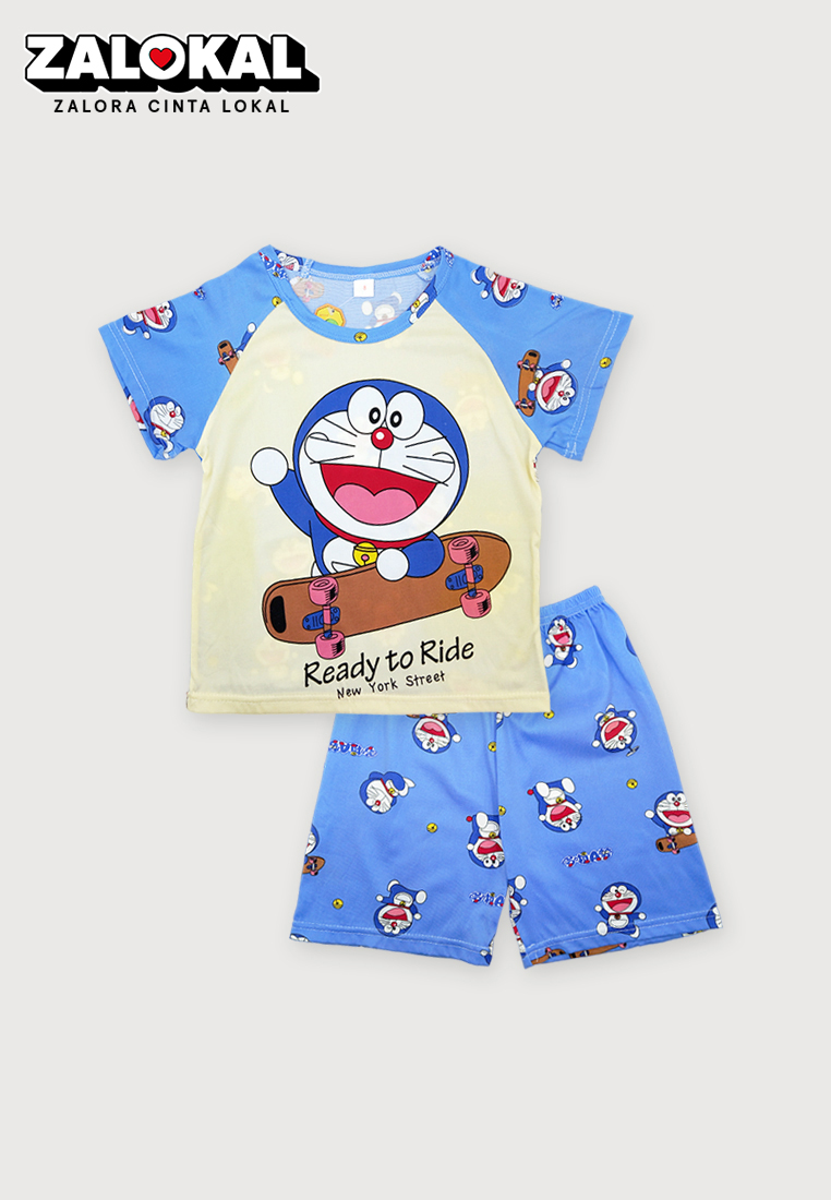 WAKAKIDS Setelan Anak Baju Lengan Pendek Set Baju Tidur Celana Kaos Motif Karakter Lucu Doraemon Imp